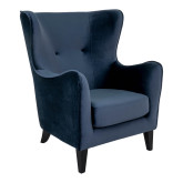 Lænestol i mørke blå velour med sorte ben