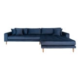 Sofa højrevendt i mørkeblåt velour med fire puder