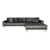 Sofa højrevendt i mørkegrå velour med fire puder 