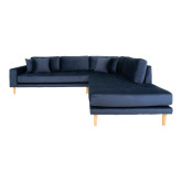 Sofa højrevendt i blå velour med fire puder