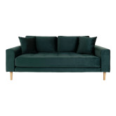 Sofa i mørkegrønt velour med to puder