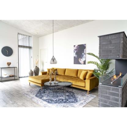 Sofa venstrevendt i sennepsgul velour med fire puder
