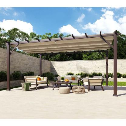 Paragon Outdoor Florenz 1116 pergola, aluminium, mørkt trælook, lys brunt tekstil, 236 x 505 x 350 cm