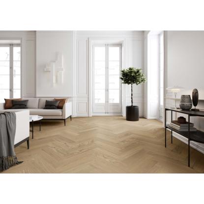 Moland Super Eg Herringbone Design Brisbane White Oak plankegulv, højre stav, hvid matlak