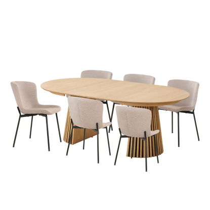 Osaka og Maceda spisebordssæt med 6 stole, egefiner, beige, Ø120 x 120-200 cm