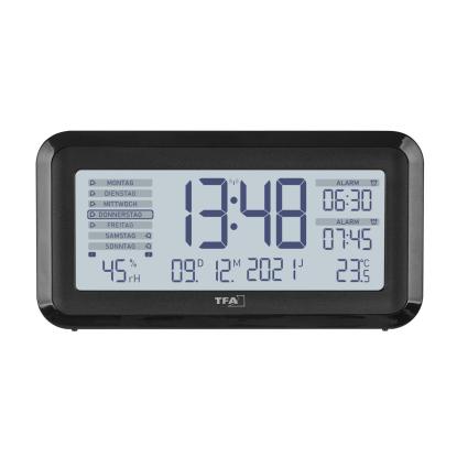 TFA Boxx2 digitalt radiostyret vækkeur med termometer og fugtmåler, sort