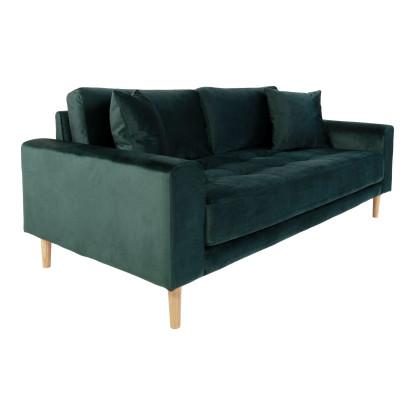 Sofa i mørkegrønt velour med to puder