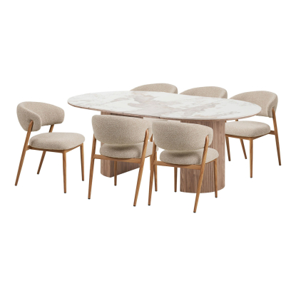 Athens og Cavi spisebordssæt med 6 stole, hvid/brun/sand, Ø120 x 120-200 cm