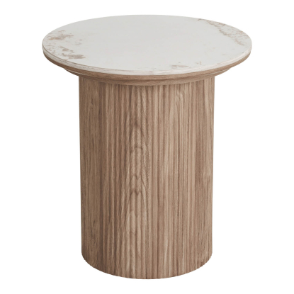 Athens hjørnebord med keramisk bordplade, hvid/brun, Ø45 cm