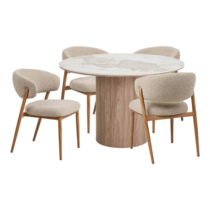 Athens og Cavi spisebordssæt med 4 stole, hvid/brun/sand, Ø120 cm