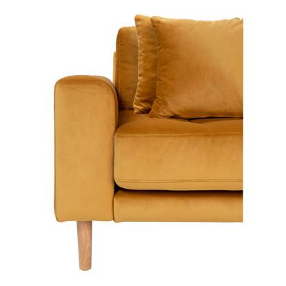 Sofa højrevendt i sennepsgul velour med fire puder