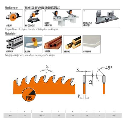 CMT rundsavsklinge til aluminium og plastik, Z24 TF, Ø160 x 2,2 x 20 mm
