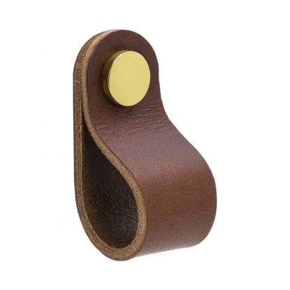 Beslag Design Loop Round knop, brunt læder/messing