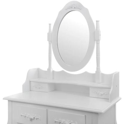 Makeupbord med spejl og skammel, hvid, træ, 75 x 40 x 147 cm