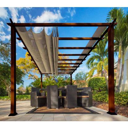 Paragon Outdoor Florenz 1116 pergola, aluminium, mørkt trælook, lys brunt tekstil, 236 x 505 x 350 cm