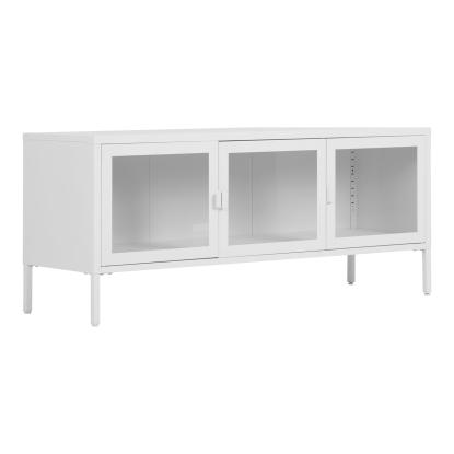 Brisbane TV-bænk med 3 glaslåger, hvid stål, 130 x 40 x 55 cm
