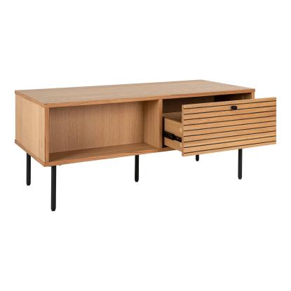 Sofabord, egefiner, sorte metalben, 2 skuffer, 50x100x45 cm