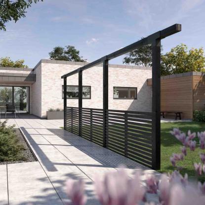PLUS pergola enkelt i 3 moduler med Tokyo hegn, sort/fyr - 664 x 9 x 218 cm