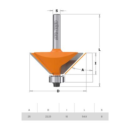 CMT fasfræser, HM, 25°, K8, Ø22,2 x 10 mm