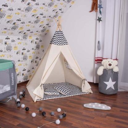 Tipi Wigwam telt med to puder, zigzag mønster, beige/sort