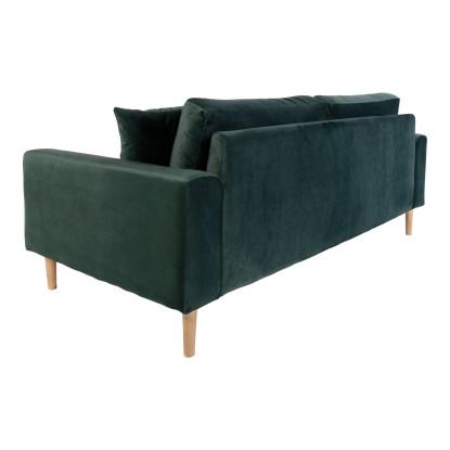 Sofa i mørkegrønt velour med to puder