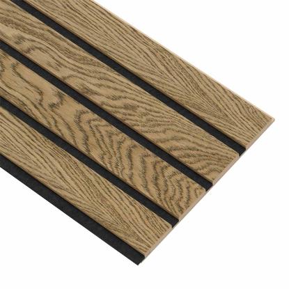 I-Wood Basic 4-lamel akustikpanel, mørkebrun olieret, sort filt og lys kerne, egefiner, 16 x 300 mm 
