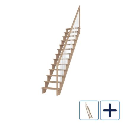 DOLLE Lyon ligeløbstrappe, 75 cm trin og gelænder med stålbalustre, lakeret eg