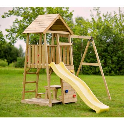Wendi Toys Pelican legetårn med klatrevæg, rutsjebane, gynge og bord/bænkesæt, træ, gul