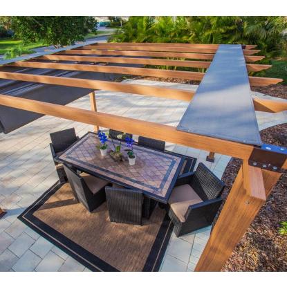 Paragon Outdoor Florenz 1116 pergola, aluminium, lyst trælook, brunt tekstil, 236 x 505 x 350 cm