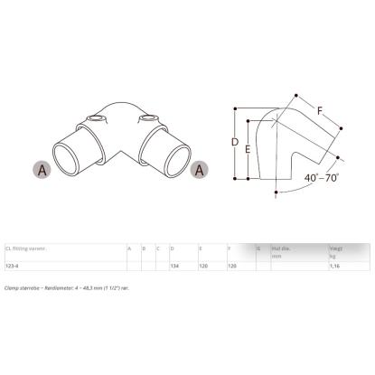 Clarrods Clamps CL123 justerbar bøjning, 40-70°, Ø48,3 mm