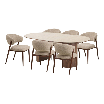 Delphi og Cavi spisebordssæt med 6 stole, travertin/mørkebrun/sand, Ø120 x 120-200 cm