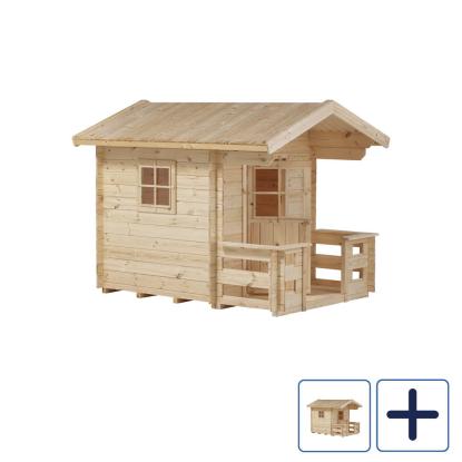 PLUS legehus med terrasse, natur/nåletræ, ubehandlet, 134 x 134 cm + 58 cm