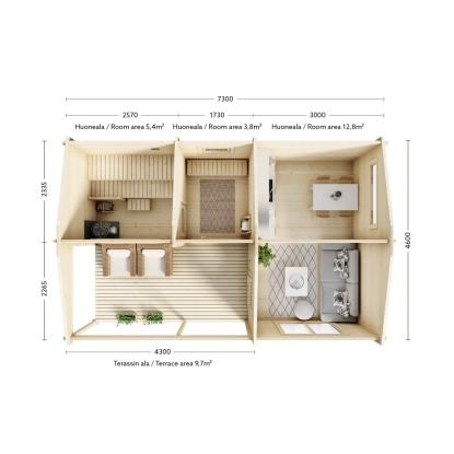 Luoman Lillevilla Koskikara saunahytte med opholdsrum og overdækket terrasse - 23,8 + 9,7 m²