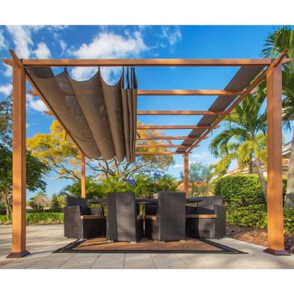 Paragon Outdoor Florida 1111 pergola, aluminium, lyst trælook, brunt tekstil, 235 x 350 x 350 cm