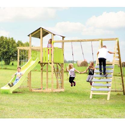 Wendi Toys Dino Adventure Tower klatretårn med gynge, rutsjebane og sandkasse, træ, grøn