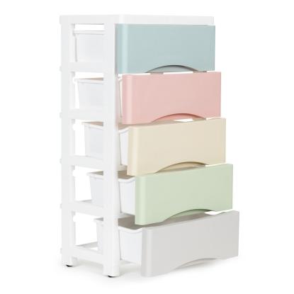 Kommode med 5 skuffer og hjul, pastelfarver, 75 x 27 x 39 cm