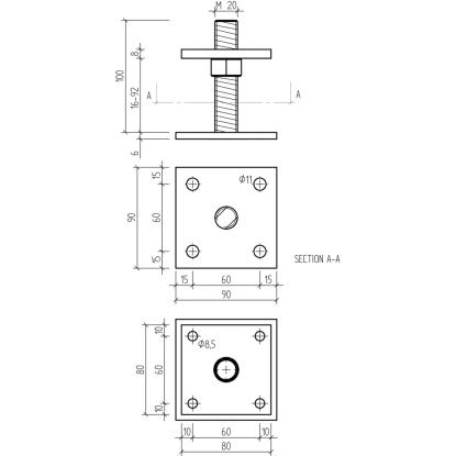 SIMA stolpebærer type B2, varmforzinket, 80 x 80 x 25-100 mm