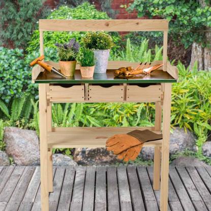 Esschert Design plantebord med skuffer og 2 hylder, natur, 113 x 37,9 x 80,1 cm