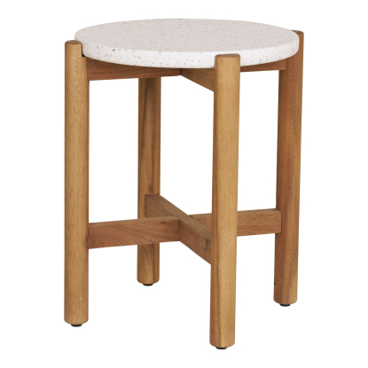 Terracina hjørnebord, akacie/terrazzo, hvid, Ø37 cm