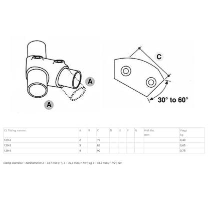 Clarrods Clamps CL129 kort justerbart T-stykke, 30-60°