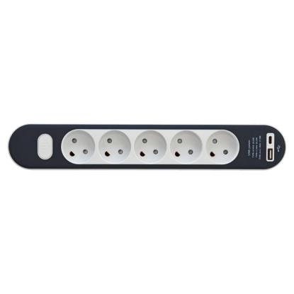 E-Line stikdåse uden jord med afbryder, 5-vejs, USB A+C, hvid/grå - 1,4 meter
