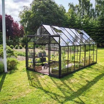 Halls Icon 8 drivhus 11,2 m², sort, 3 mm hærdet glas