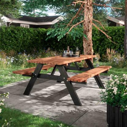PLUS bord/bænkesæt, ThermoWood®, gyldenbrun/sort/fyr, 177 cm