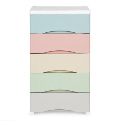 Kommode med 5 skuffer og hjul, pastelfarver, 75 x 27 x 39 cm