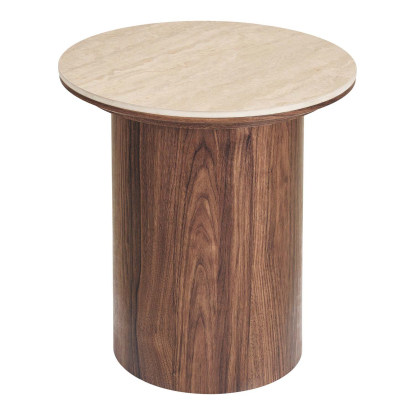 Delphi hjørnebord med keramisk bordplade, travertin/mørkebrun, Ø45 cm