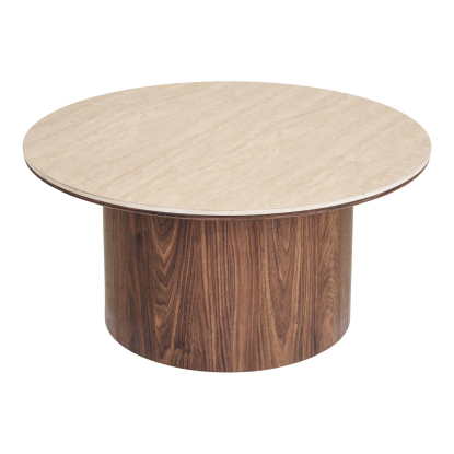 Delphi sofabord med keramisk bordplade, travertin/mørkebrun, Ø80 cm