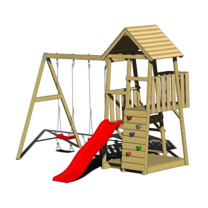 Wendi Toys Salamander legetårn med klatrevæg, rutsjebane og gynger, træ, rød