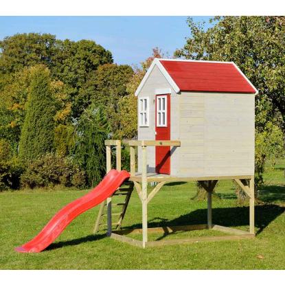 Wendi Toys Tiger legehus med trappe og rutsjebane, træ, rød, 242 x 197 x 310 cm