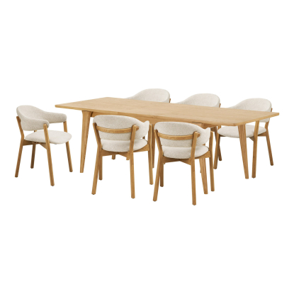 Darwin og Dunkirk spisebordssæt med 6 stole, eg/egefiner, beige, 90 x 180-230 cm