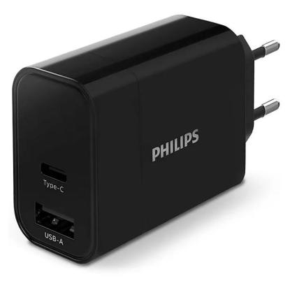 Philips USB lader fast-charge USB-A+C, sort, 30W